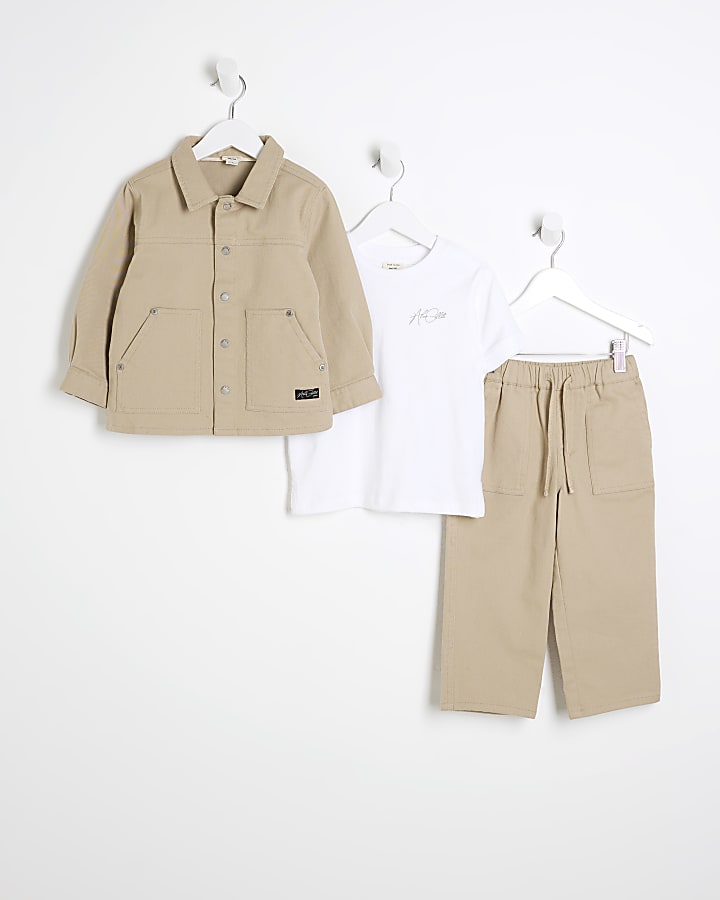 Mini Boys Beige Washed Twill Shacket Set