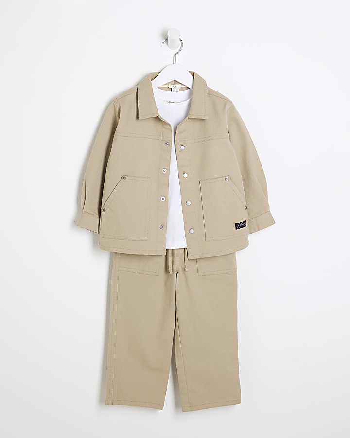 Mini Boys Beige Washed Twill Shacket Set