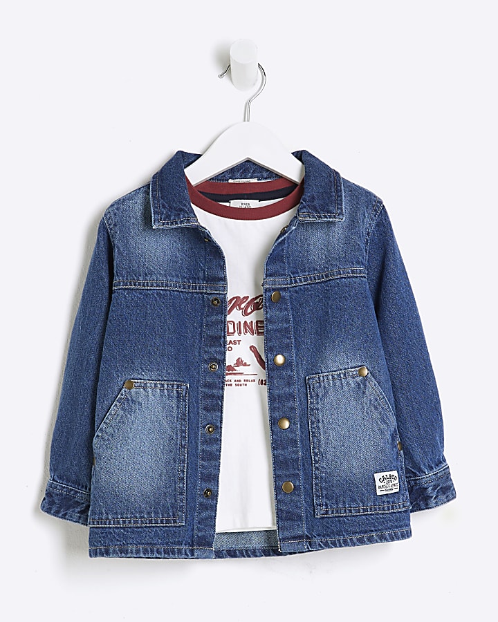 Mini Boys Blue Denim Shacket T-Shirt Set