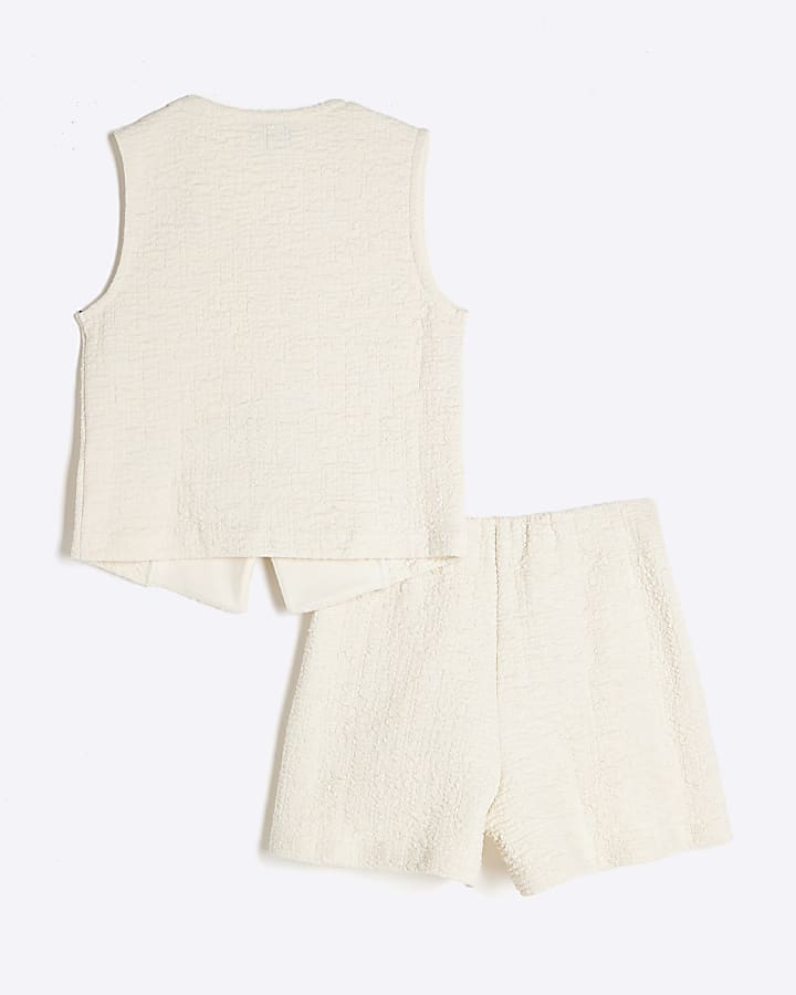 Girls Cream Textured Waistcoat Shorts Set