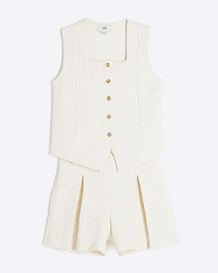 Girls Cream Textured Waistcoat Shorts Set