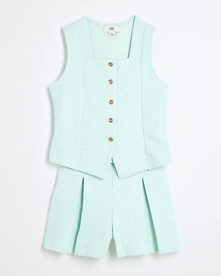 Girls Blue Textured Waistcoat Set