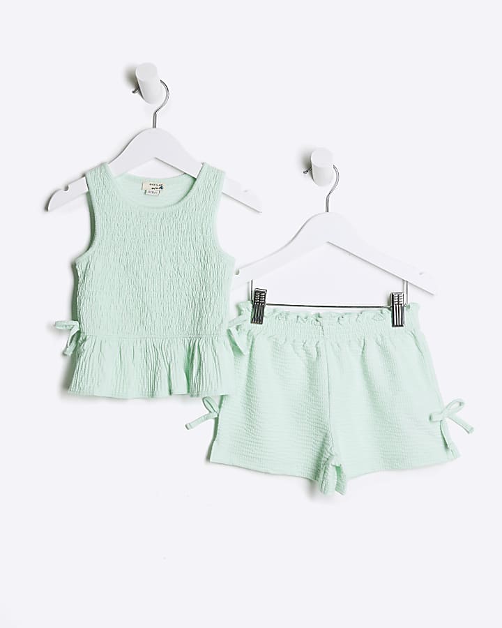 Mini Girls Turquoise Shirred Bow Tank Top Set