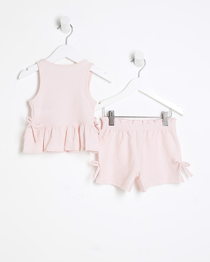 Mini Girls Pink Shirred Bow Tank Top Set