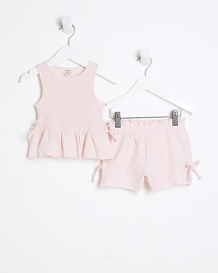 Mini Girls Pink Shirred Bow Tank Top Set