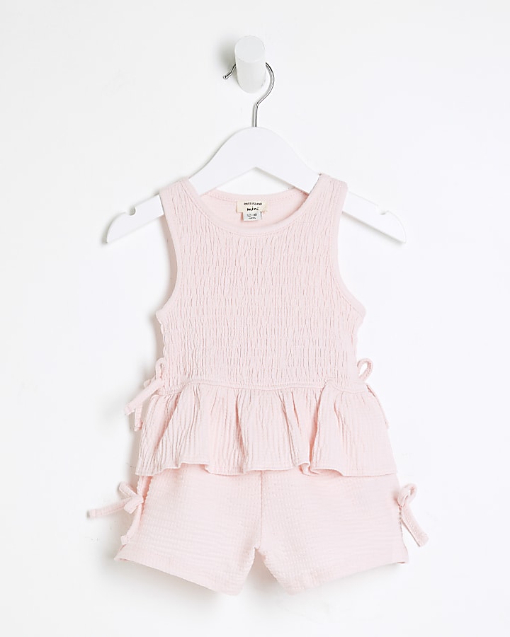 Mini Girls Pink Shirred Bow Tank Top Set