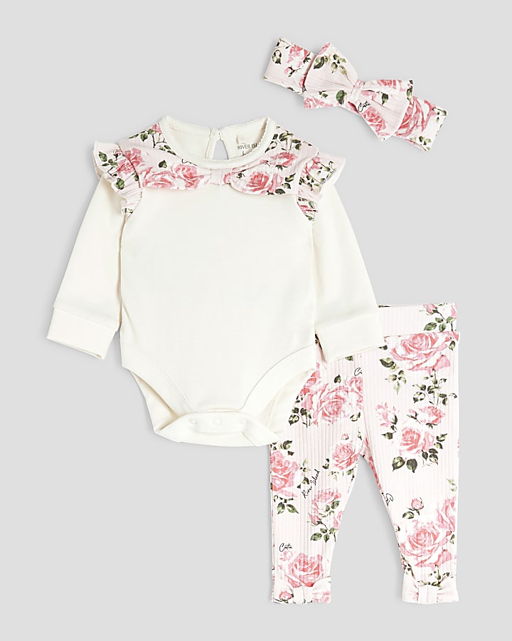 Baby Girls White Floral Bodysuit Set