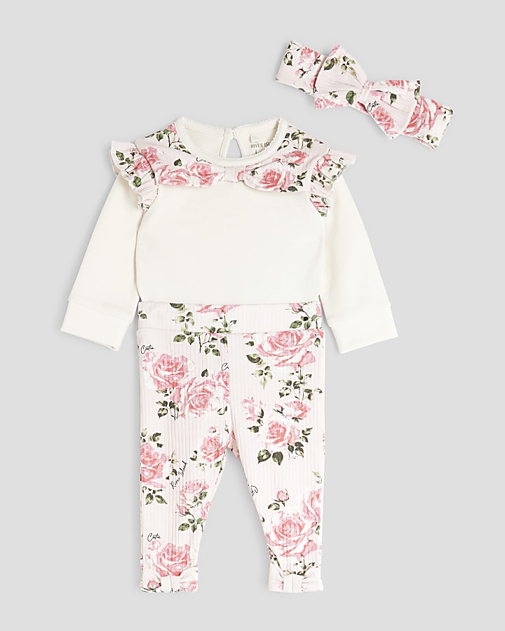 Baby Girls White Floral Bodysuit Set