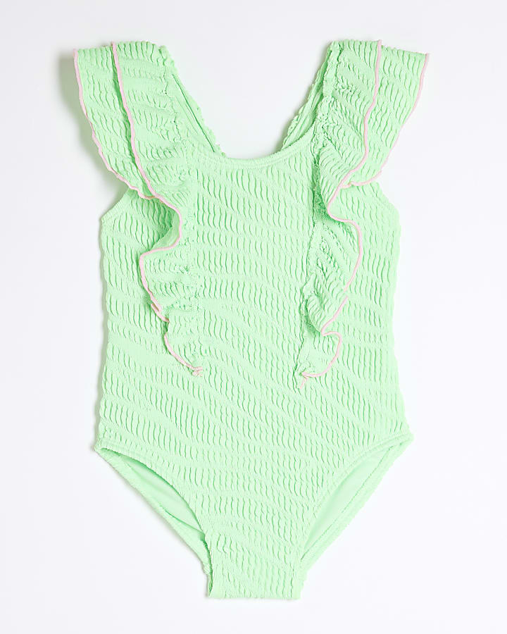 Mini Girls Green Ruffle Textured Swimsuit