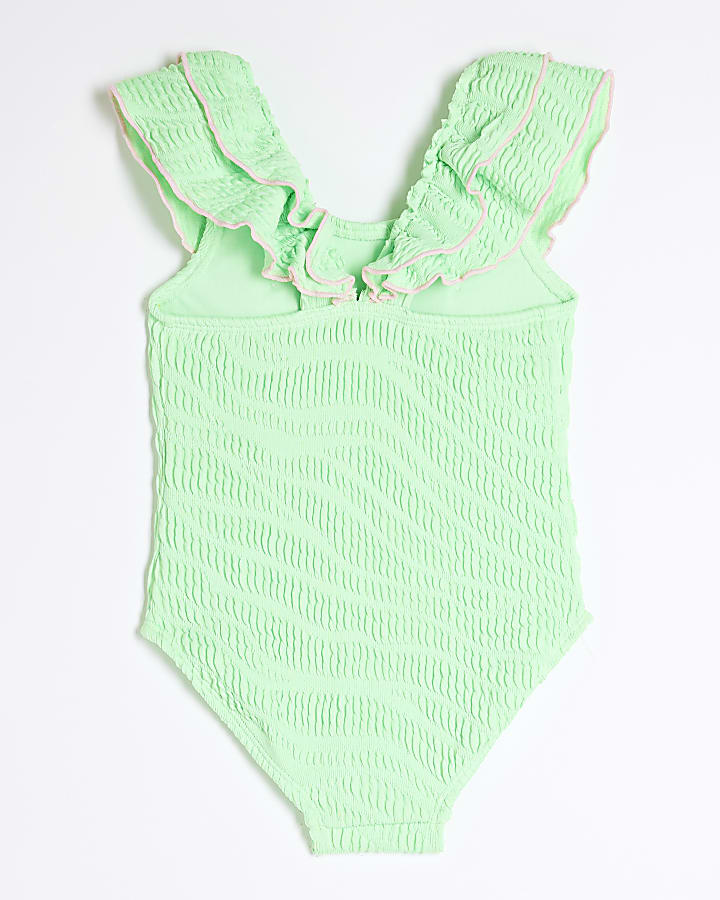 Mini Girls Green Ruffle Textured Swimsuit