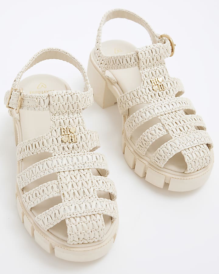 Girls Cream Raffia Block Heeled Sandals