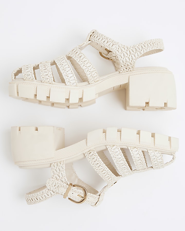 Girls Cream Raffia Block Heeled Sandals