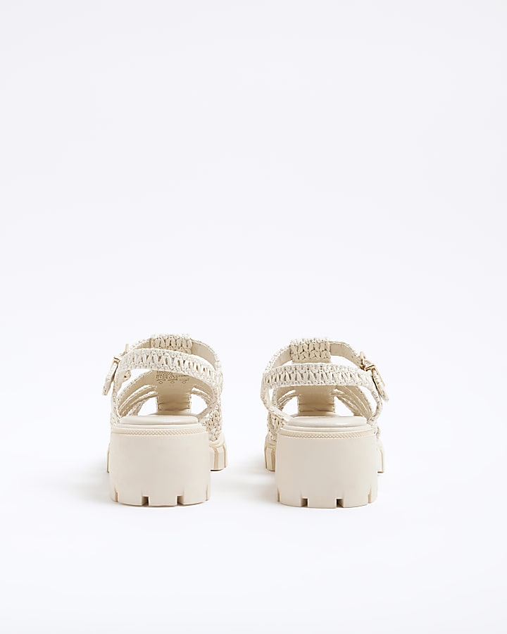 Girls Cream Raffia Block Heeled Sandals