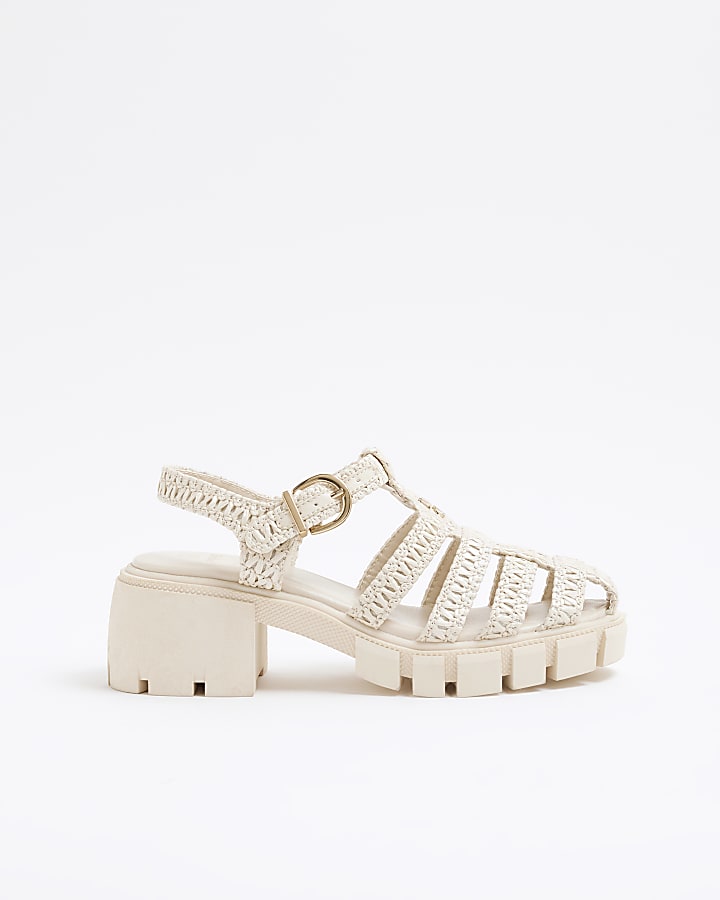 Girls Cream Raffia Block Heeled Sandals