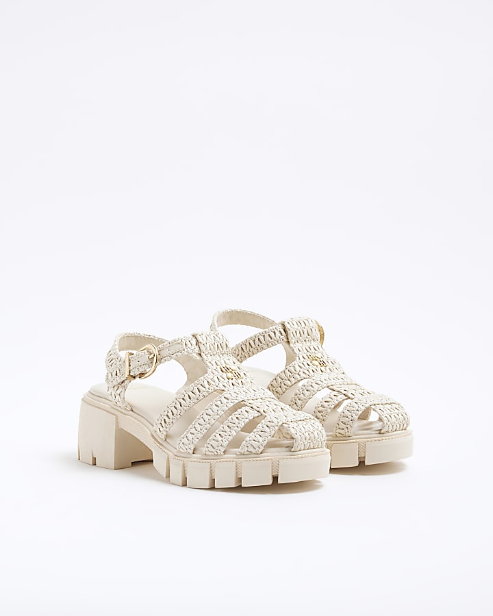 Girls Cream Raffia Block Heeled Sandals