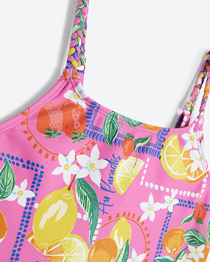 Girls Pink Lemon Print Swimsuit