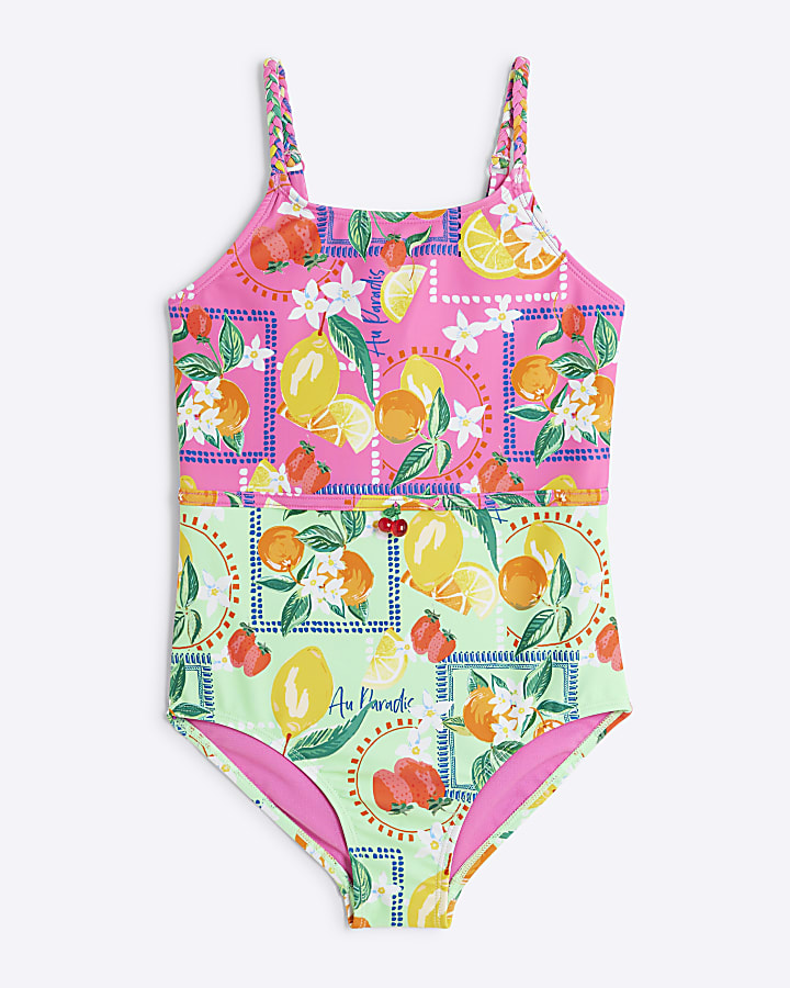 Girls Pink Lemon Print Swimsuit