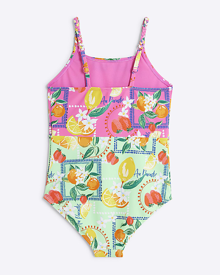 Girls Pink Lemon Print Swimsuit