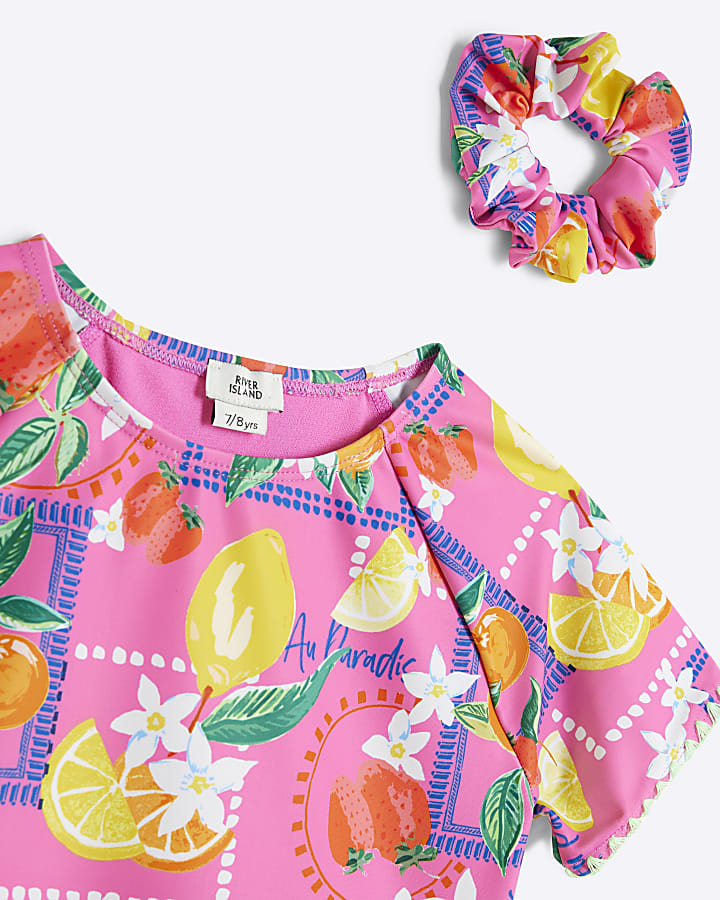 Girls Pink Lemon T-Shirt Bikini Set