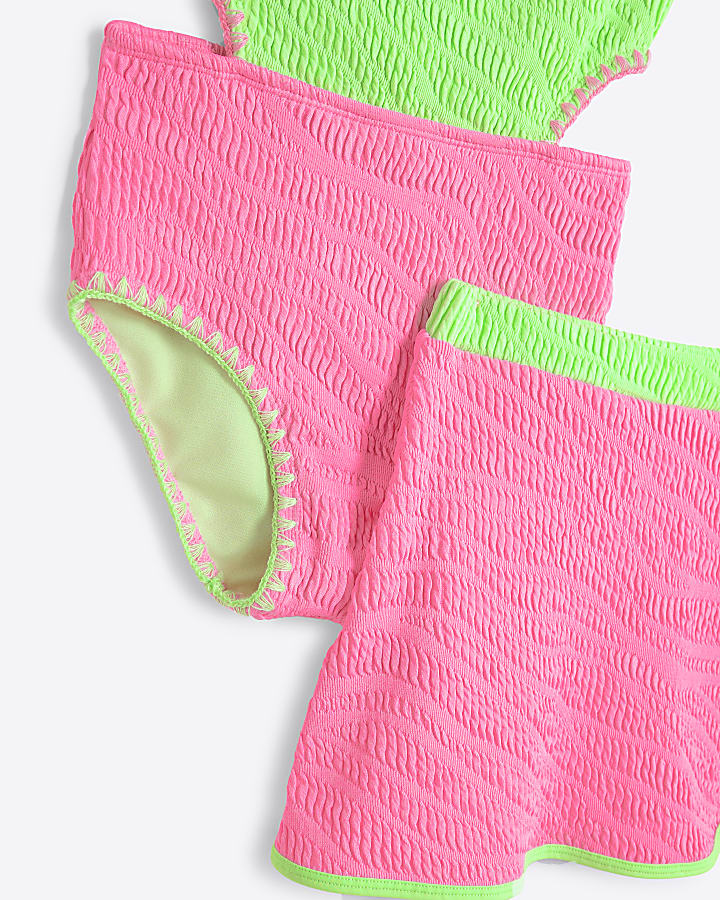 Girls Pink Zebra Textured Swimsuit Set