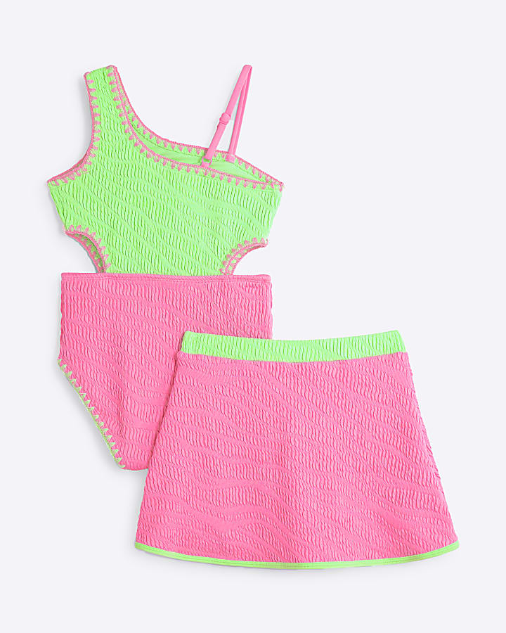 Girls Pink Zebra Textured Swimsuit Set