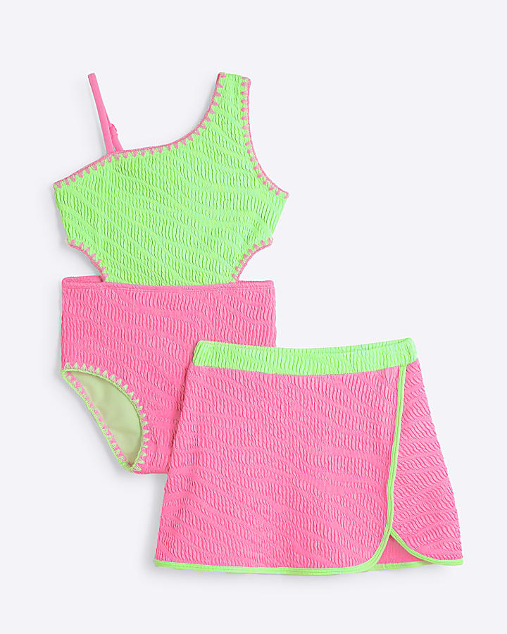 Girls Purple Colour Block Swimsuit Set