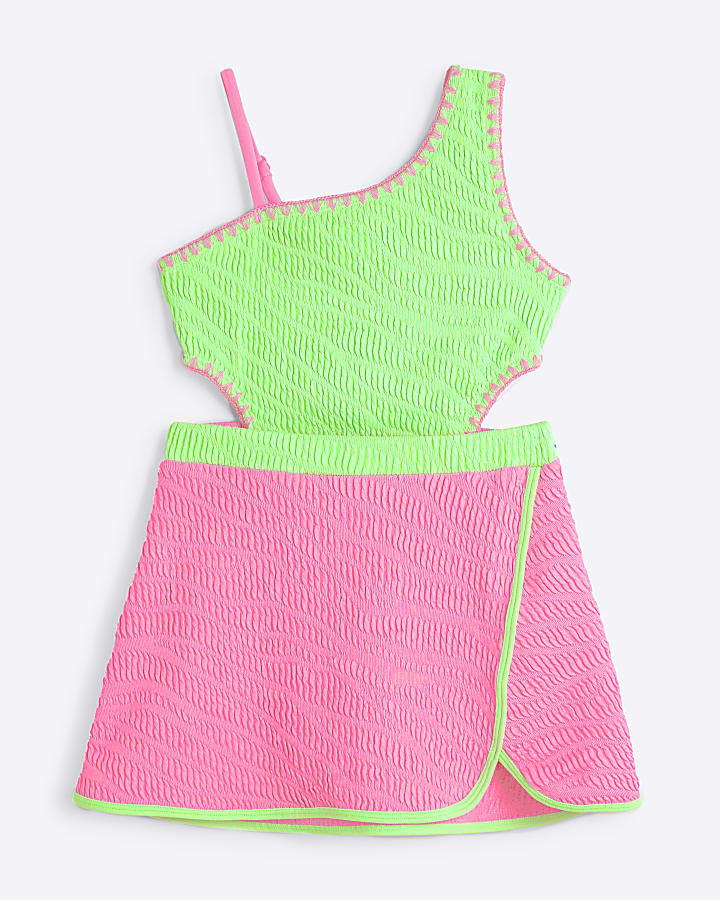 Girls Pink Zebra Textured Swimsuit Set