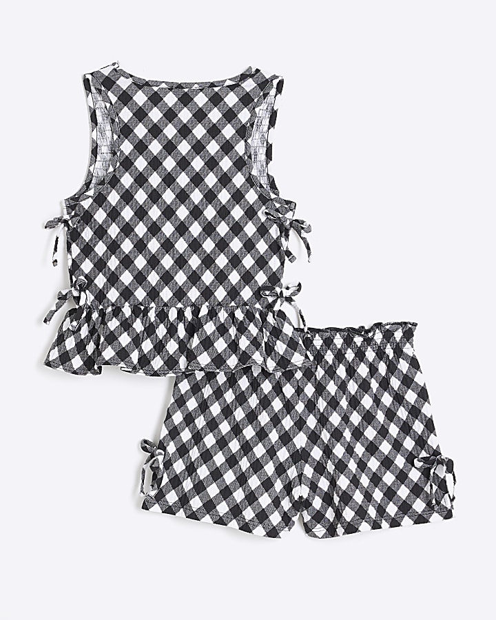 Girls Black Gingham Shirred Bow Tank Top Set