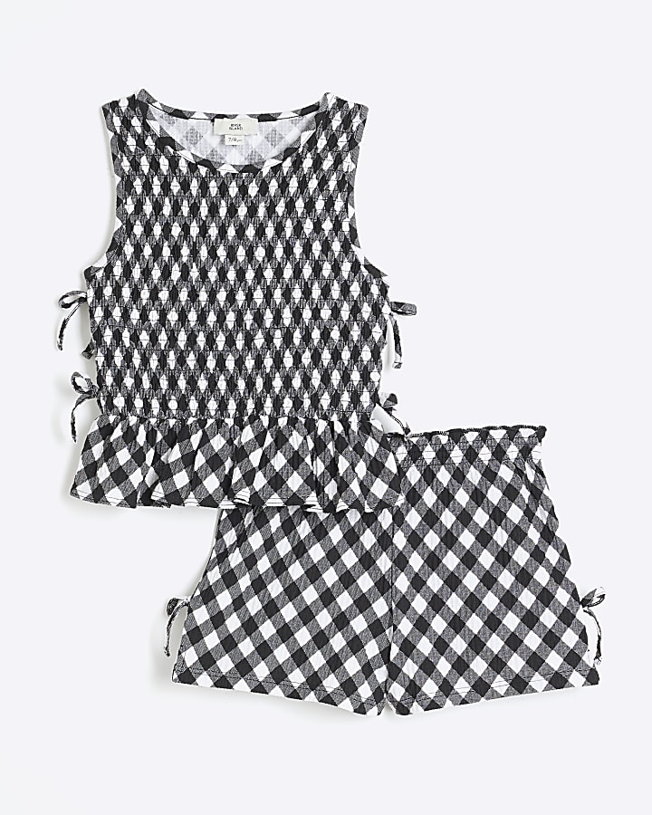 Girls Black Gingham Shirred Bow Tank Top Set