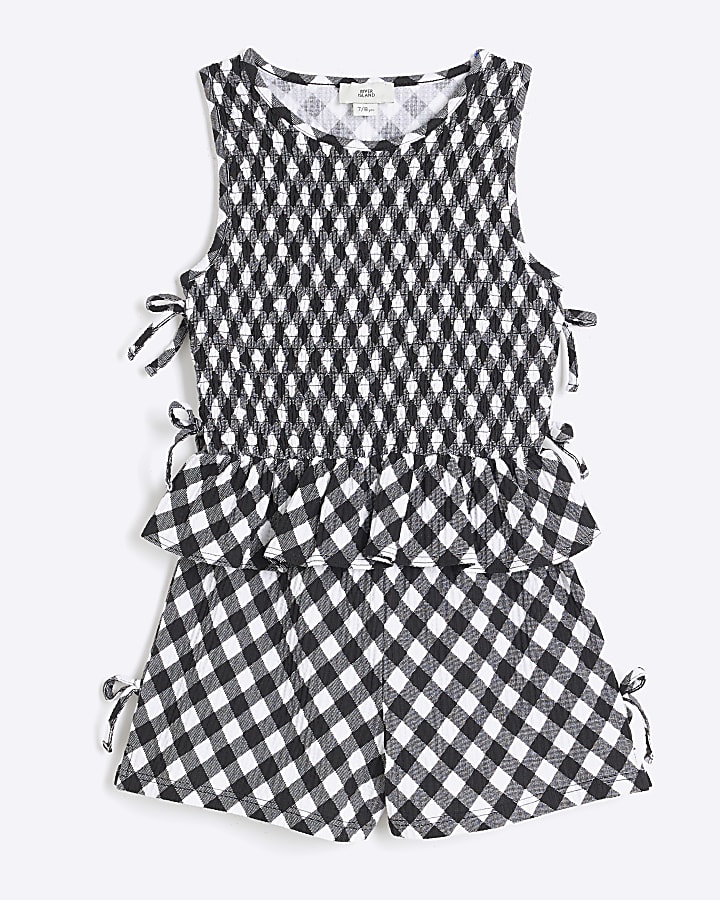 Girls Black Gingham Shirred Bow Tank Top Set