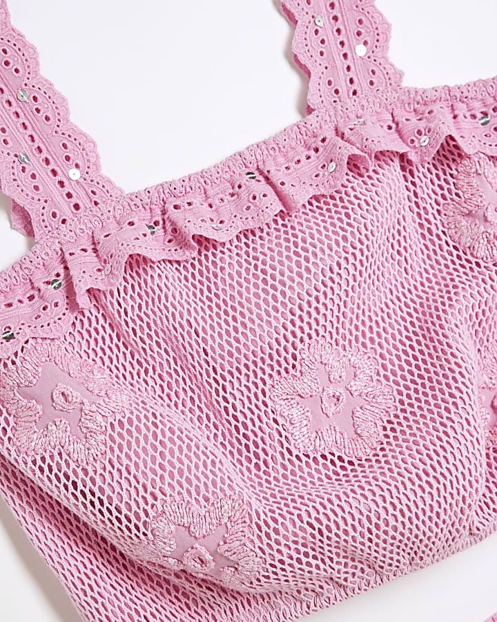 Girls Pink Crochet Top And Trousers Set