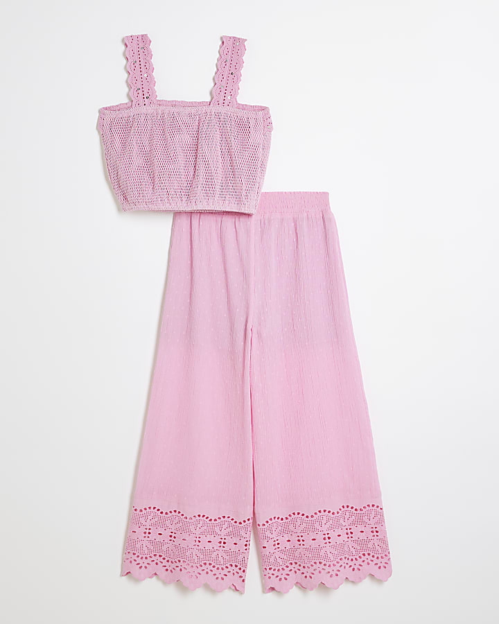 Girls Pink Crochet Top And Trousers Set