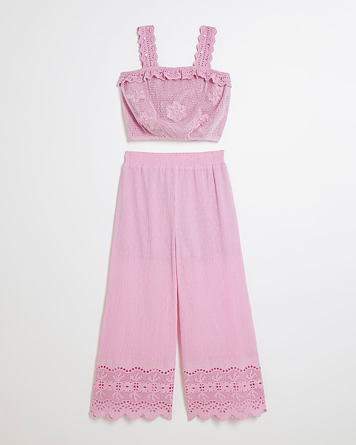 Girls Pink Crochet Top And Trousers Set