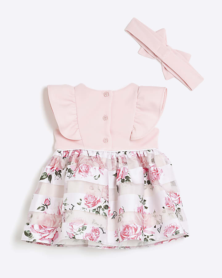 Baby Girls Pink Floral Dress And Hairband Set