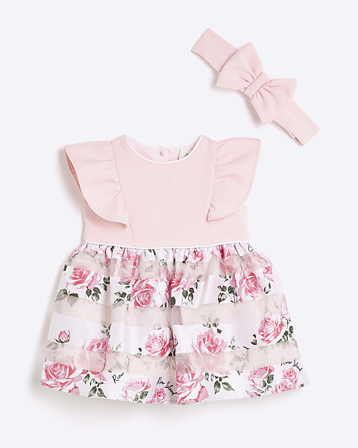 Baby Girls Pink Floral Dress And Hairband Set