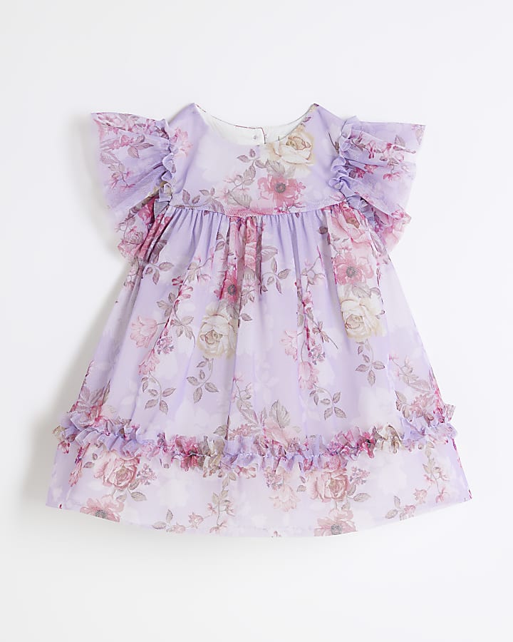 Baby Girls Purple Mesh Floral Printed Dress