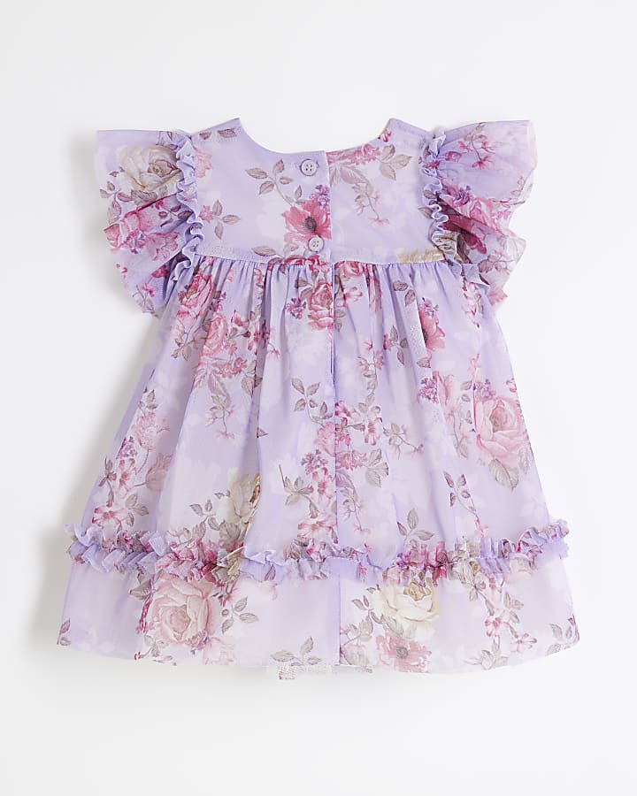 Baby Girls Purple Mesh Floral Printed Dress