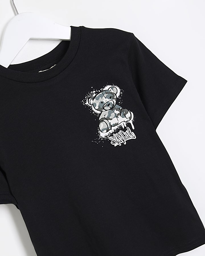 Mini Boys Black Camo Bear T-shirt