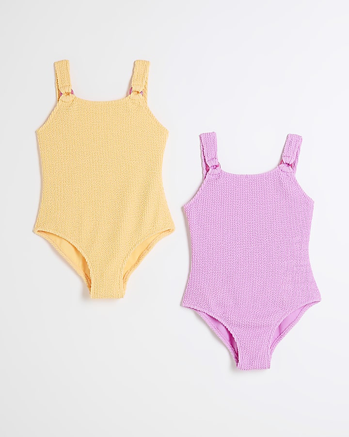 Girls Yellow Pack Of 2 Textured Swimsuits