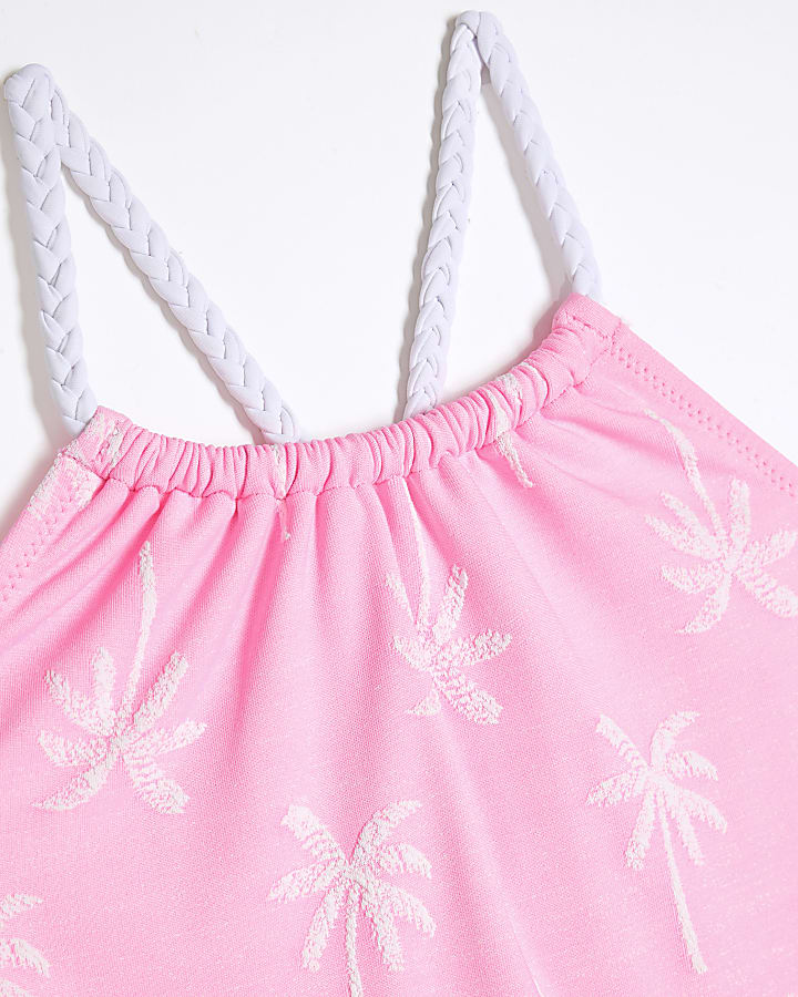 Girls Pink Palm Textured Swimsuit