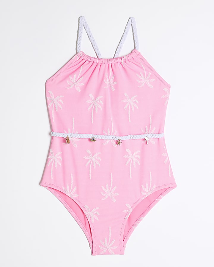 Girls Pink Floral Textured Swimsuit