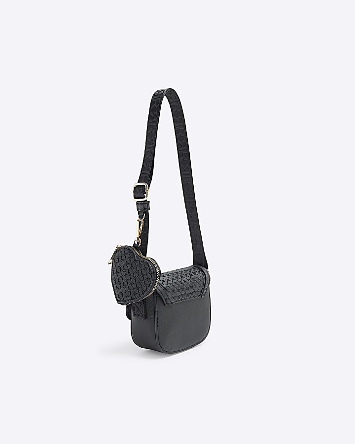 Girls Black Embossed Bow Cross Body Bag