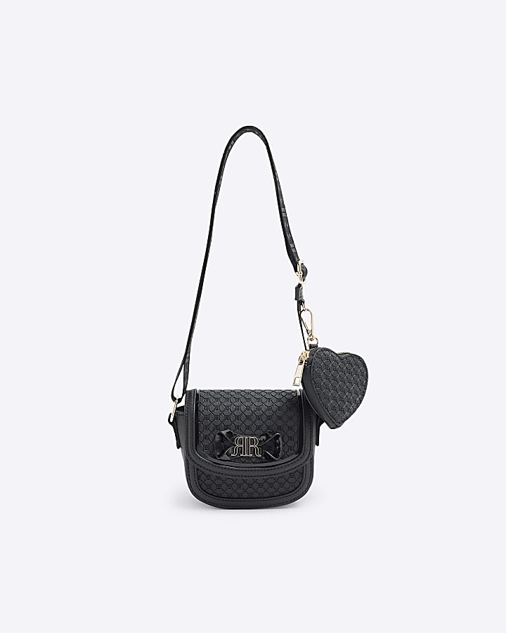 Girls Black Embossed Bow Cross Body Bag