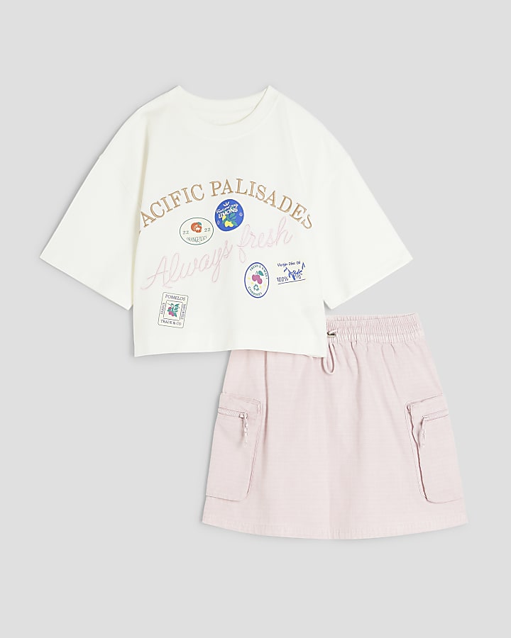 Girls Pink Cargo Skirt and T-Shirt Set