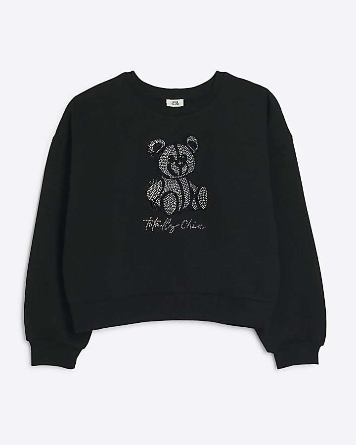 Girls Black Diamante Hotfix Bear Sweatshirt