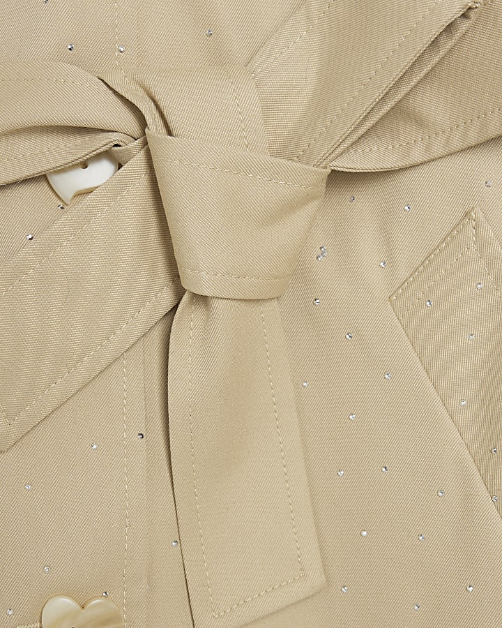 Girls Beige Diamante Trench Coat