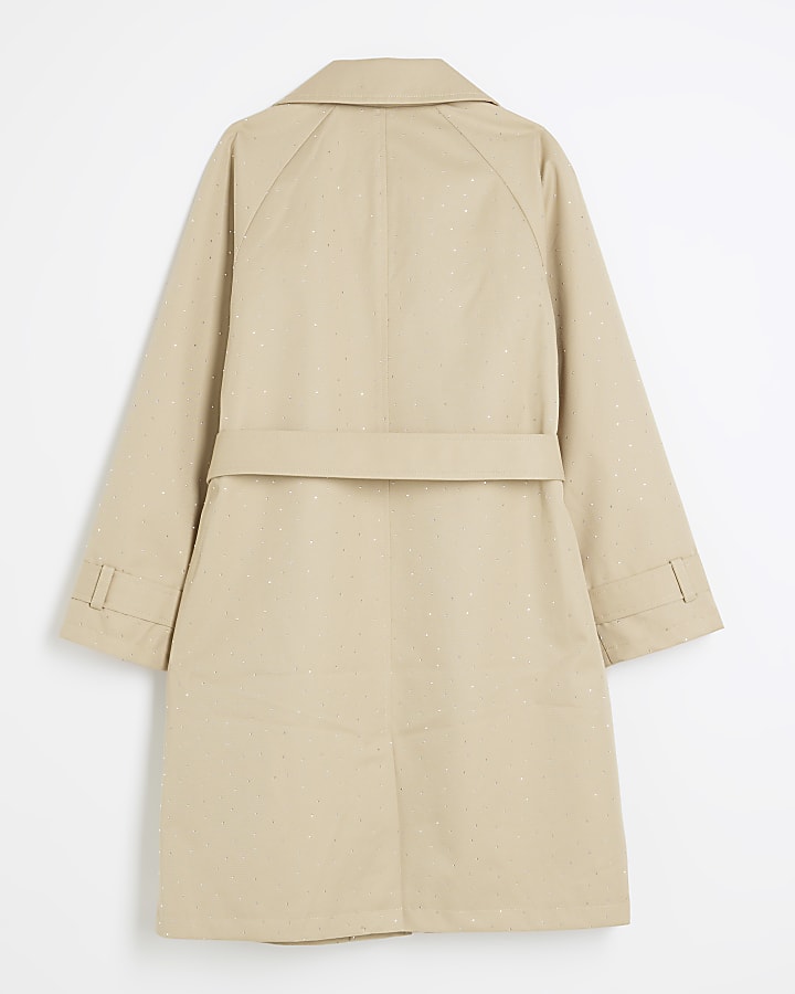 Girls Beige Diamante Trench Coat