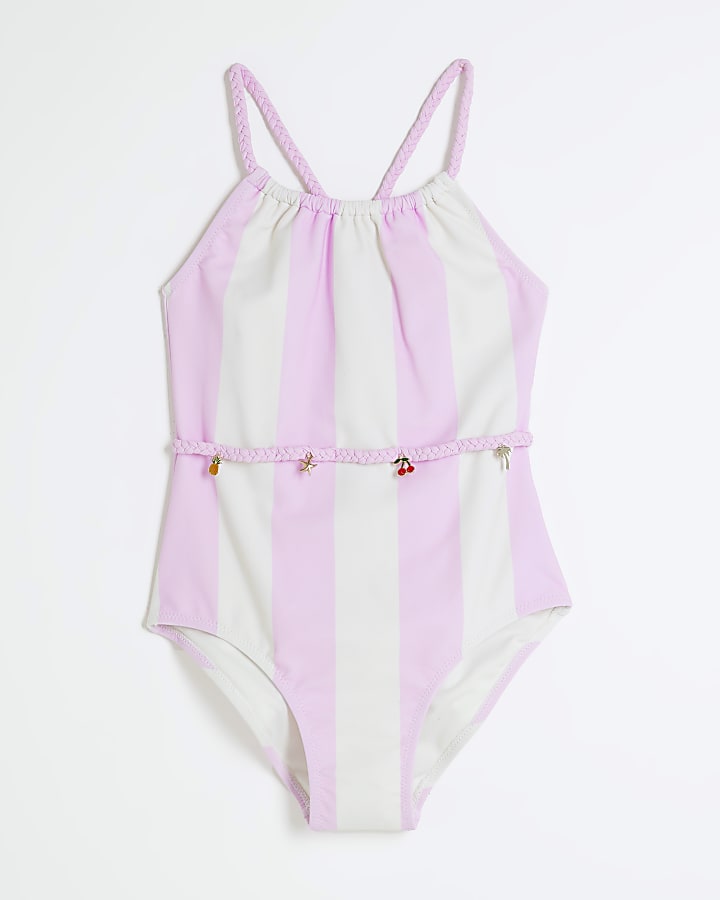 Girls Pink Stripe Charm Belt Swimsuit