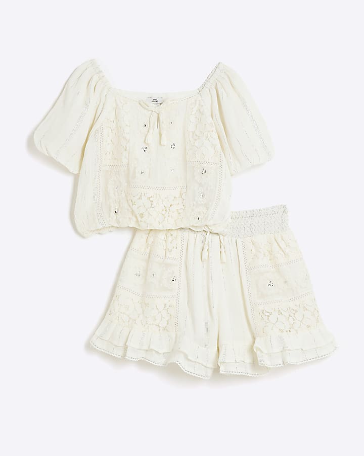 Girls Cream Lace Short Set