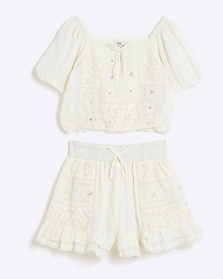 Girls Cream Lace Shimmer Beach Short Set